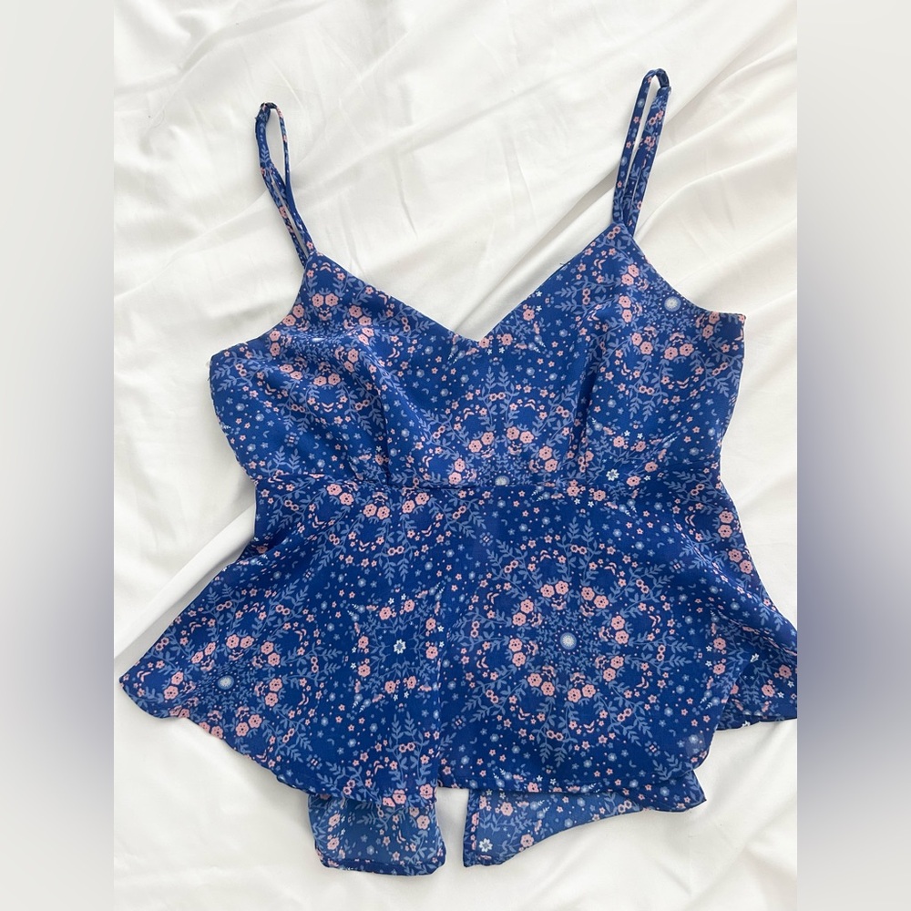 Charlotte Russe Blue and Pink Floral Crop Top with Open Back
